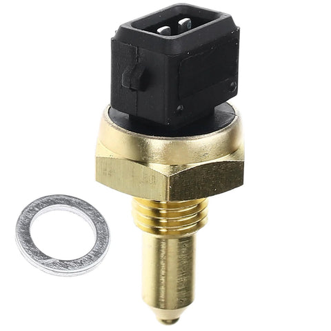 Close-up of brass coolant temperature sensor with black 2-pin connector and sealing washer