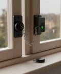 Keyless Biometric Drill Cabinet Lock For Kid Safe Drawers With Adjustable Window Restrictor Easy Install On Wood Metal Or Glass For Office Cabinets And Refrigerators Black shown installed on window