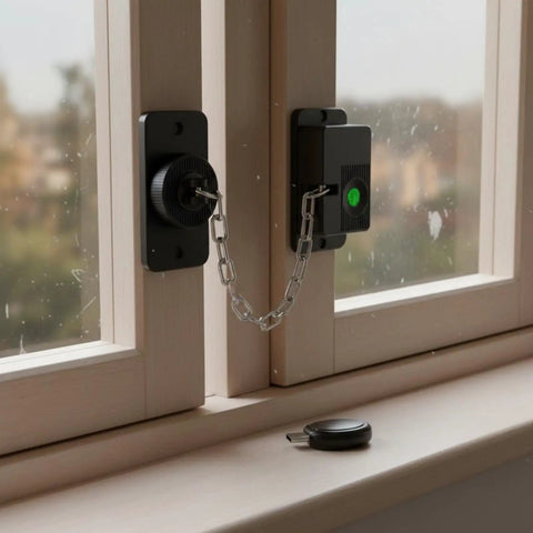 Keyless Biometric Drill Cabinet Lock For Kid Safe Drawers With Adjustable Window Restrictor Easy Install On Wood Metal Or Glass For Office Cabinets And Refrigerators Black shown installed on window