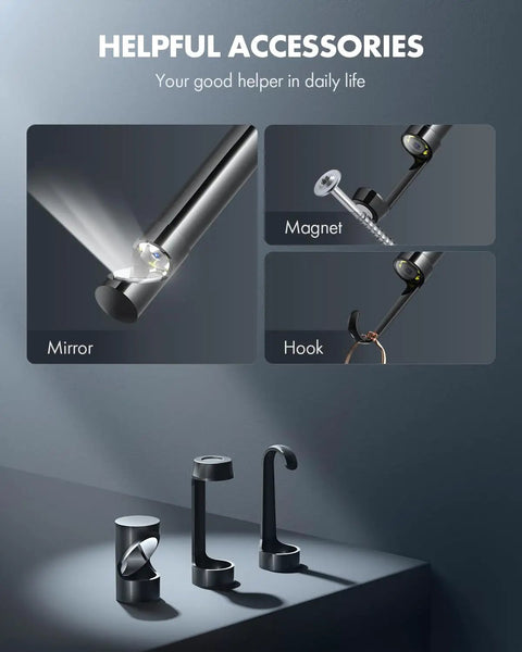 1920P Endoscope With Light Snakes Through Tight Spots Like A Pro showing mirror, magnet, and hook accessories