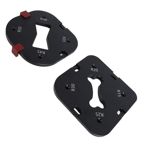 Kickass Woodworking Radius Template Set With Durable Aluminum Router Guide And Quick Release Bases For Hassle Free Curve Routing On Furniture Making And Custom Picture Frames Projects, two precision aluminum bases showing various curve settings.