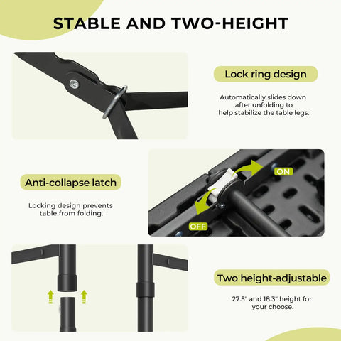 Close-up of lock ring, anti-collapse latch, and adjustable height features on 4 Foot Folding Table Portable Heavy Duty 400 Lb Capacity.