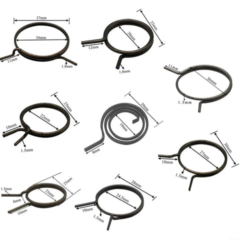 Assorted black torsion coil springs from 5 Pack Door Handle Spring Replacement Kit For Car Doors with measurements shown