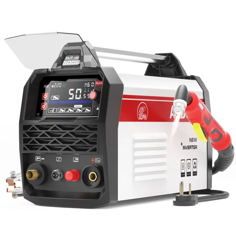 Non-Touch Pilot Arc Plasma Cutter 50A For DIYers, 110/220V, showing 4.05 Inch LED Display, Five-Eighths Inch Clean Cut capability