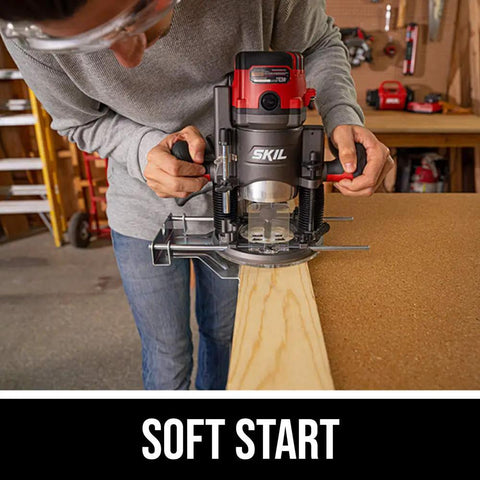 Person using 14 Amp Plunge And Fixed Base Router Kit With LCD Speed Display And Electronic RPM Feedback on wood surface