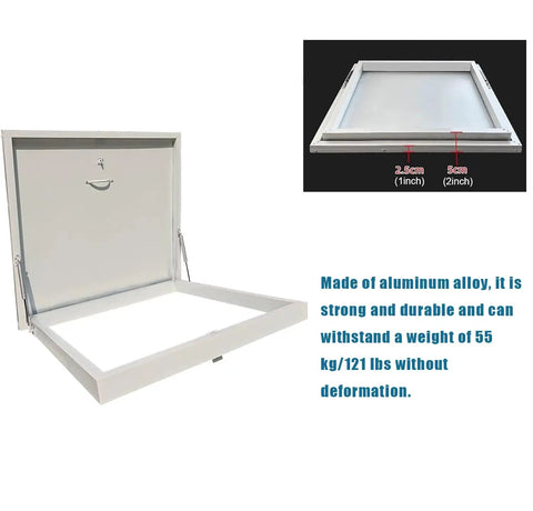 Heavy Duty Roof Access Hatch Door With Hydraulic Support For Quick Lift Attic Skylight Cover Weatherproof Tough As Nails Anti Theft Privacy Great For Factory Warehouse Or Home Use 28 By 32 Inches, aluminum alloy, open view
