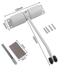 Quiet Automatic Door Closer 30Kg Capacity With Adjustable Spring for home and office, stainless steel, white, components shown