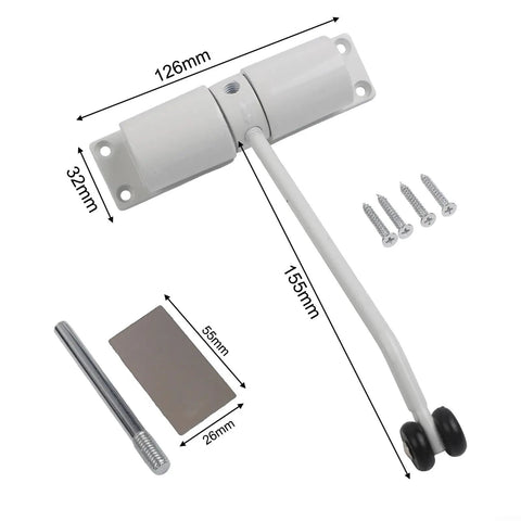 Quiet Automatic Door Closer 30Kg Capacity With Adjustable Spring for home and office, stainless steel, white, components shown