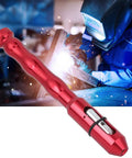 Get That Heavy Duty TIG Welding Wire Feed Pen, red alloy tool up close against a welding background.