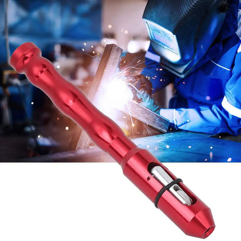 Get That Heavy Duty TIG Welding Wire Feed Pen, red alloy tool up close against a welding background.