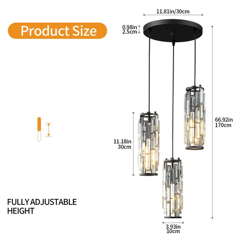 Three Light Black Pendant Light With Crystal Accents, adjustable height, shown with dimensions and crystal detail.