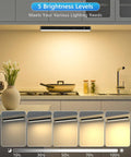 Rechargeable Motion Sensor Closet Lights With Battery Level Display, 60 LED Under Cabinet Lighting, brightness levels shown, kitchen.
