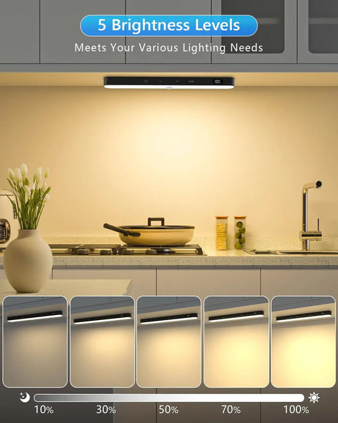Rechargeable Motion Sensor Closet Lights With Battery Level Display, 60 LED Under Cabinet Lighting, brightness levels shown, kitchen.