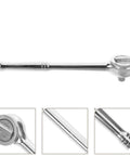 Heavy Duty 3/8 Inch Drive Ratchet Socket Wrench With Smooth Reversible Action and Quick Release Handle, chrome finish.