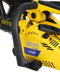 Close-up of a Top Handle Chainsaw Gas Powered 12 Inch Bar Tiny But Mighty Portable Little Saw 25.4cc 2 Stroke Engine Easy Start Ergonomic Grip