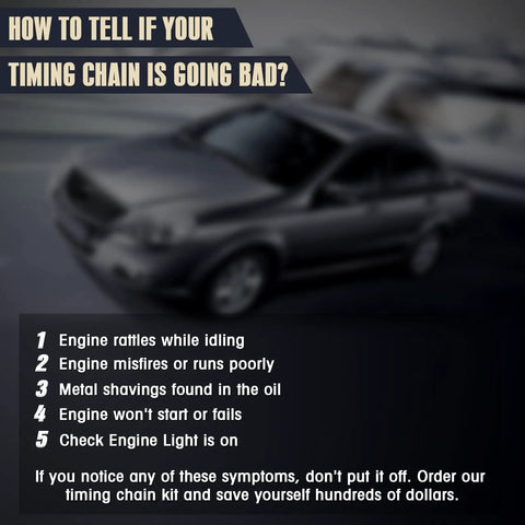 Image listing symptoms of a bad timing chain with text overlay on a blurred car background.