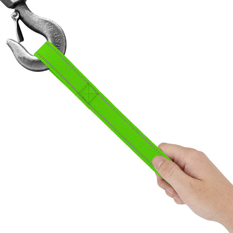 Hot Green 1 Inch Reflective Nylon Winch Hook Pull Strap, 1 Foot Long Recovery Strap With Glow Reflective Strips, Fits Most Winch Hooks
