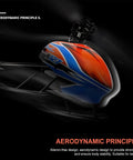 Close-up of 4 Channel RC Helicopter K127 with 6 Axis Gyro and aerodynamic design in red and blue.