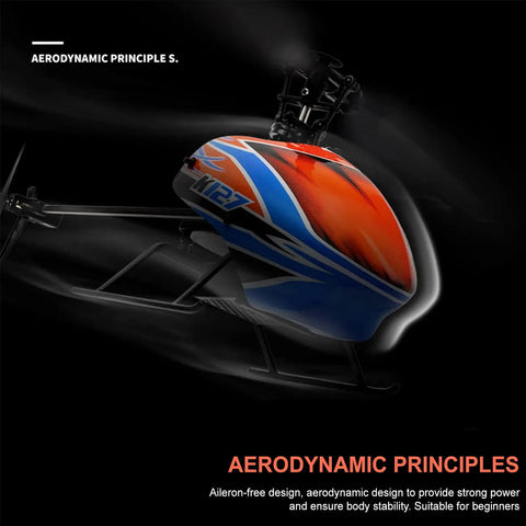 Close-up of 4 Channel RC Helicopter K127 with 6 Axis Gyro and aerodynamic design in red and blue.
