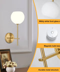 Gold Wireless Wall Sconces Set Of Two With Rechargeable Battery And Remote Features Three Tunable Color Temperatures Plus Twelve Rgb Modes For Chill Bedroom Or Hallway Ambience No Drills Needed And Super Fast Setup. Modern gold wall sconce with milky white glass shade.