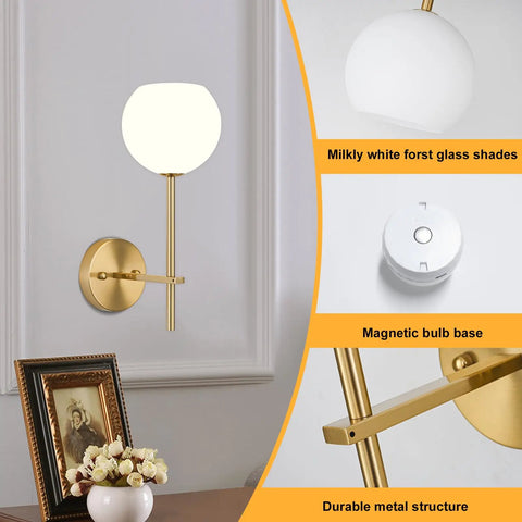 Gold Wireless Wall Sconces Set Of Two With Rechargeable Battery And Remote Features Three Tunable Color Temperatures Plus Twelve Rgb Modes For Chill Bedroom Or Hallway Ambience No Drills Needed And Super Fast Setup. Modern gold wall sconce with milky white glass shade.