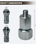 M9 Threaded Collet Adapter For M12 Polishers And Sanders with dual collets dimensions 1/4 inch and 1/8 inch stainless 1.93 inches high