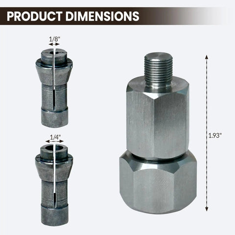 M9 Threaded Collet Adapter For M12 Polishers And Sanders with dual collets dimensions 1/4 inch and 1/8 inch stainless 1.93 inches high