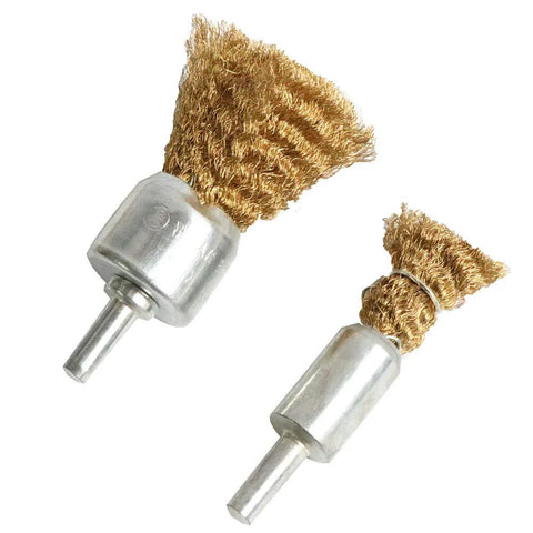 Brass wire wheel brush set for drill, two crimped cup brushes with 1/4-inch shanks, 0.13mm brass wire