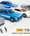 1 64th Scale RC Diecast Car Wheel And Tire Upgrade Set With Real Riders Rims And Axles In White With Silver Branch Design