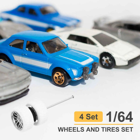 1 64th Scale RC Diecast Car Wheel And Tire Upgrade Set With Real Riders Rims And Axles In White With Silver Branch Design