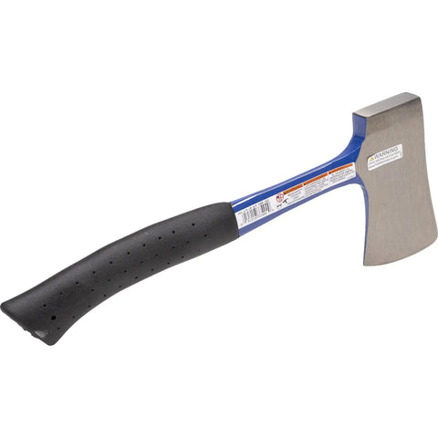 All Steel Camp Axe With Shock Absorbing Handle And Flat Beveled Face, Slip Resistant Grip, Made In The USA, Includes Sheath And Nail Slot