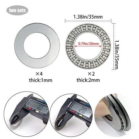 Two Sets AXK2035 Thrust Needle Roller Bearings With AS2035 Washers 20mm ID 35mm OD 2mm Thick Replacement Kit shown with caliper