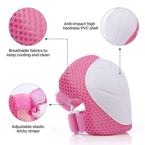 Close-up of pink knee pad from All In One Kid Friendly Protective Gear Set With Adjustable Bike Helmet And Knee Pads For Ages 3 To 10 Safe For Bike Riding Roller Skating Scooters Girls Or Boys Pink.