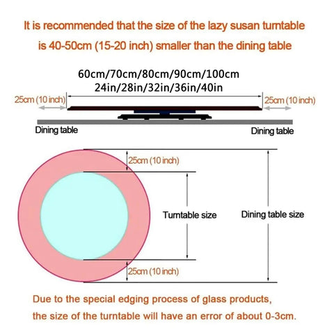 Diagram of Round Lazy Susan Turntable For Dining Table Rotating Dinner Plate Tray Rock Slab Centerpiece dimensions explained.