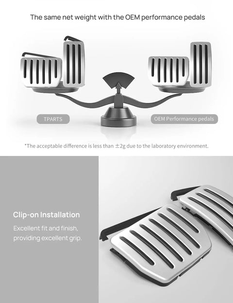 Comparison of TPARTS and OEM performance pedals showing weight balance and brushed aluminum design for Tesla Model Y Juniper 2025 2026 And Model 3 Highland 2024 2026 Aluminum Self Flip Lock Pedal Set Non Slip Brushed Aluminum Finish Accelerator And Brake Pedal Covers For Improved Grip And Sporty Interior.