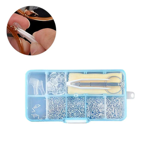 Self Repairing Glasses Kit Eyewear Maintenance Tool For Sunglasses And Eyeglasses DIY Ready Easy To Install Accessories For Quick Repairs Nose Pads And Replacement Parts with a sky-blue storage case containing screws, nose pads, and a screwdriver.