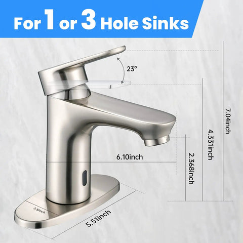 Touchless Bathroom Faucet With Dual Sensor, 1 Or 3 Hole Installation, Brushed Nickel Finish, side view with dimensions