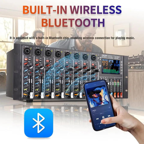 8 Channel DJ Console with 19 Inch Rack Mount Audio Mixer, 99 DSP Effects and Built In Reverb, Bluetooth playback feature