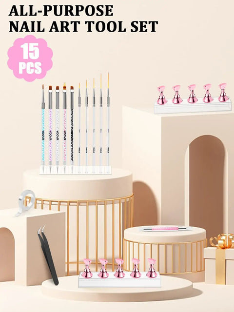 Pro Nail Art Tools Set For Press On Nails With Dual End Brushes And Dotting Tools on pedestal display.