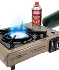 Dual Fuel Camping Stove For Propane Or Butane With Piezo Ignition, Portable Stove With Carrying Case And Regulator in use