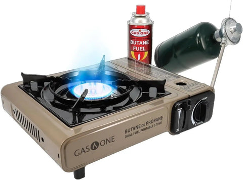 Dual Fuel Camping Stove For Propane Or Butane With Piezo Ignition, Portable Stove With Carrying Case And Regulator in use