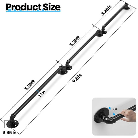 Heavy Duty 3 Pack Wall Mounted Pipe Handrail For Staircases And Porch Steps Black Galvanized Steel detailing dimensions and installation.