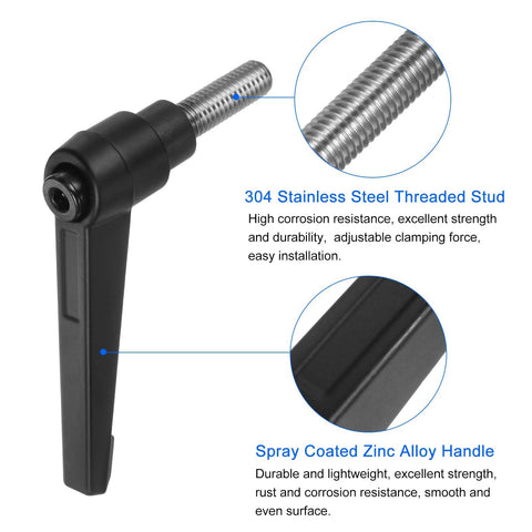 Close-up of 2 Pcs Clamping Lever Handles M8 20mm 304 Stainless Steel Threaded Male Stud Adjustable Locking Quick Release Ratchet