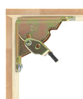 Close-up of Heavy Duty Steel Folding Brackets Self Locking 90 Degree Hinge for furniture with zinc finish.
