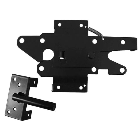 Black Vinyl Fence Gate Hardware Kit With Self Closing Parts And Heavy Duty Hinges Paired With A Lockable Latch for secure outdoor access.