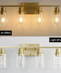 4 Light Gold Bathroom Vanity Light Fixture With Clear Glass Shades Brushed Brass Finish Modern Wall Sconce Light On and Off