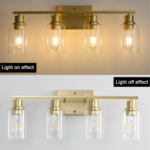 4 Light Gold Bathroom Vanity Light Fixture With Clear Glass Shades Brushed Brass Finish Modern Wall Sconce Light On and Off