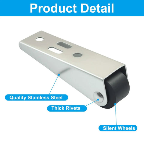 Heavy Duty Long Frame Rigid Casters 4 Pack 0.9 Inch Silver Wheels detailed shot of stainless steel bracket with silent wheel.