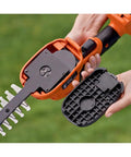 Interchangeable blade assembly on Lightweight Cordless Hedge Shear Kit With Three Eighth Inch Cut, showing 4 and 8 inch blade attachment.