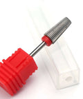 Carbide nail drill bit with 3/32 in shank attached to red plastic grip, side view.